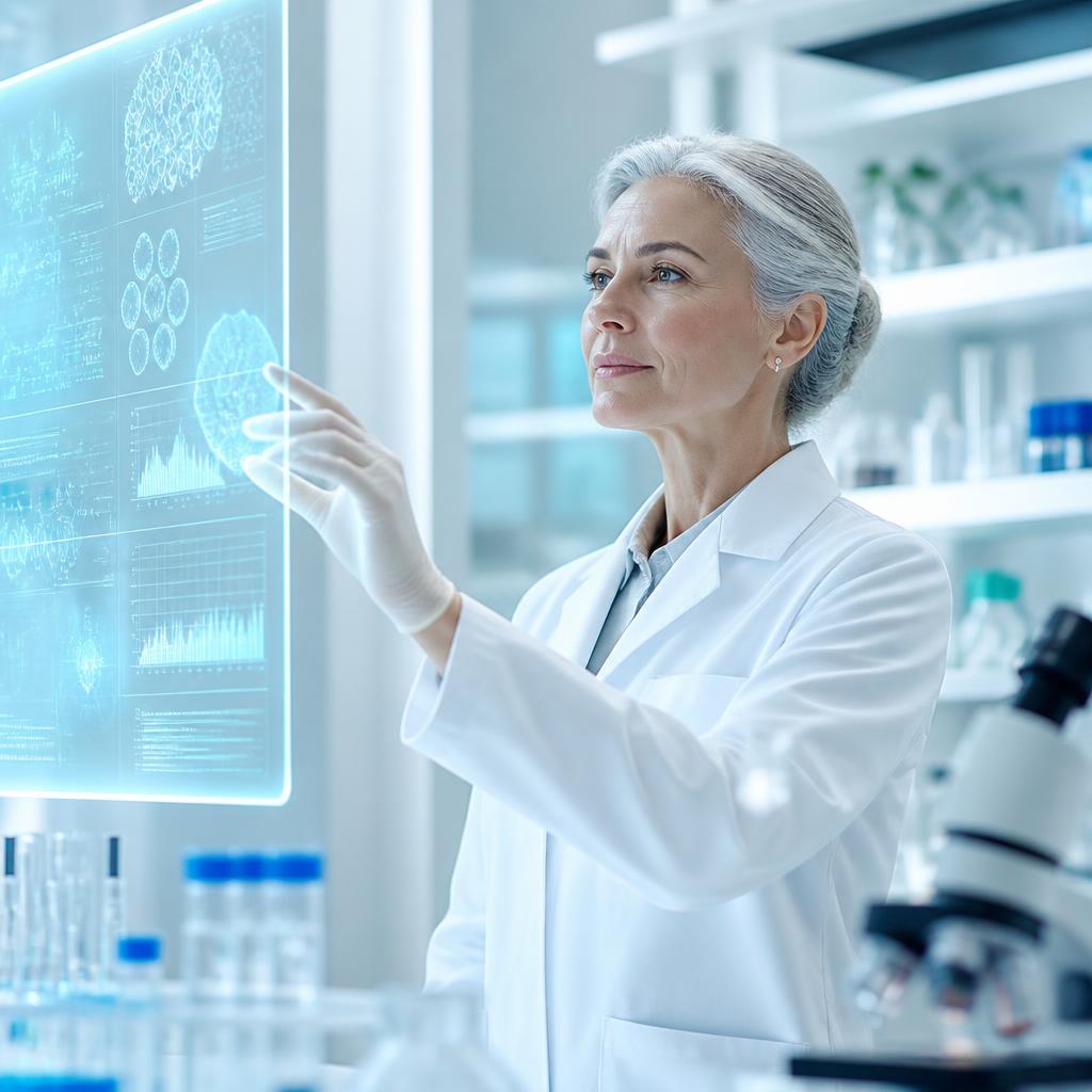 A scientist examining a glowing data panel in a modern longevity lab