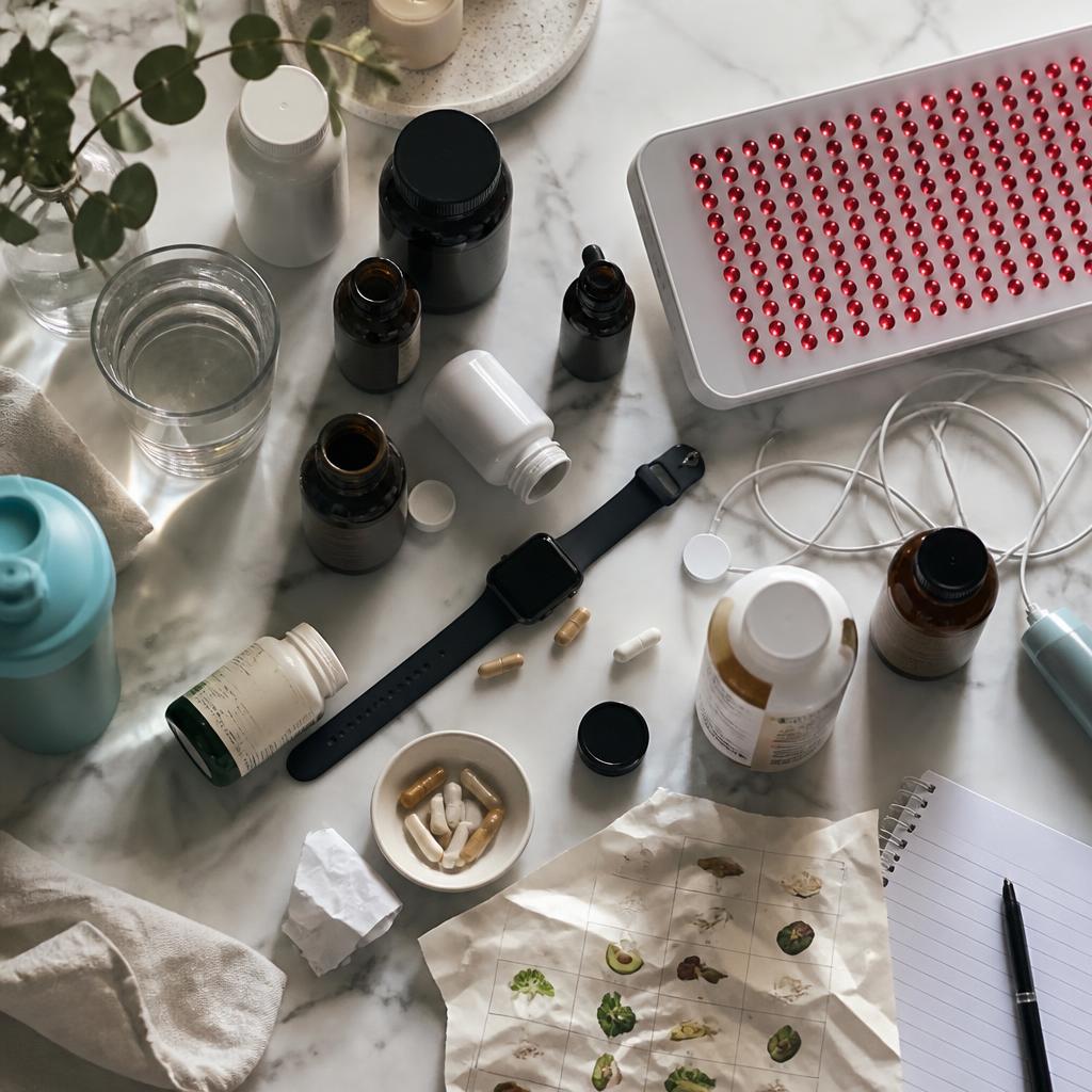 A cluttered counter of disconnected wellness products and gadgets