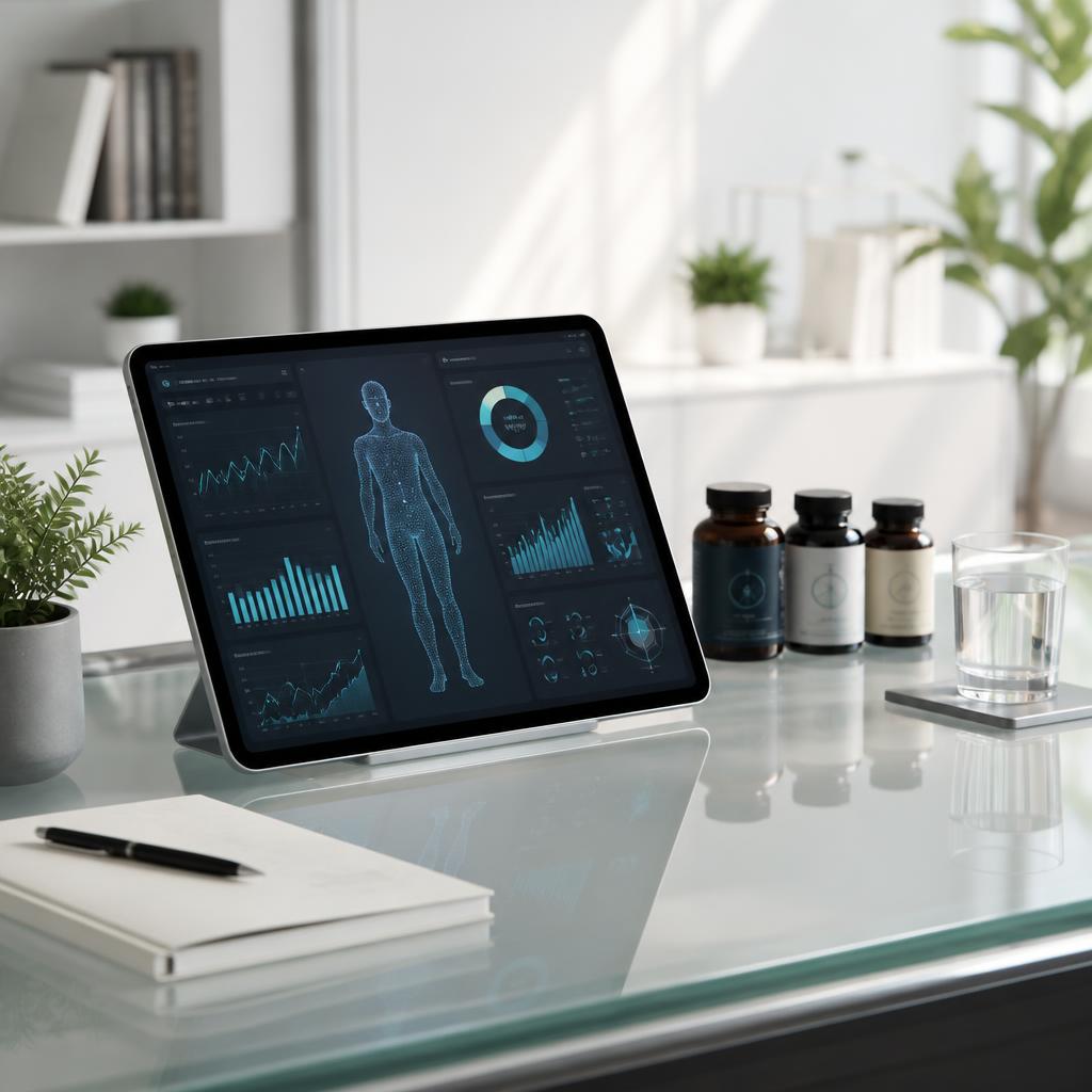A clean desk with a tablet displaying a bloodwork and biomarker dashboard