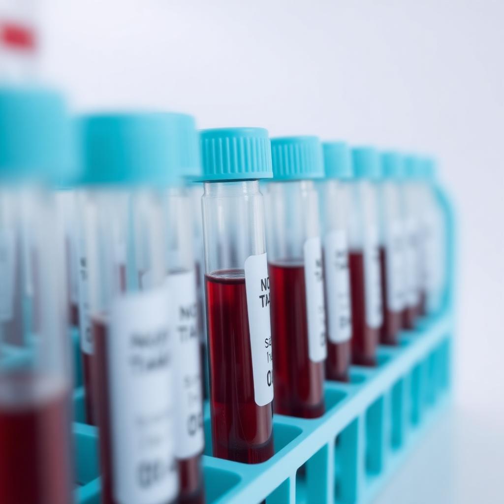 Laboratory blood sample vials in a clean modern rack