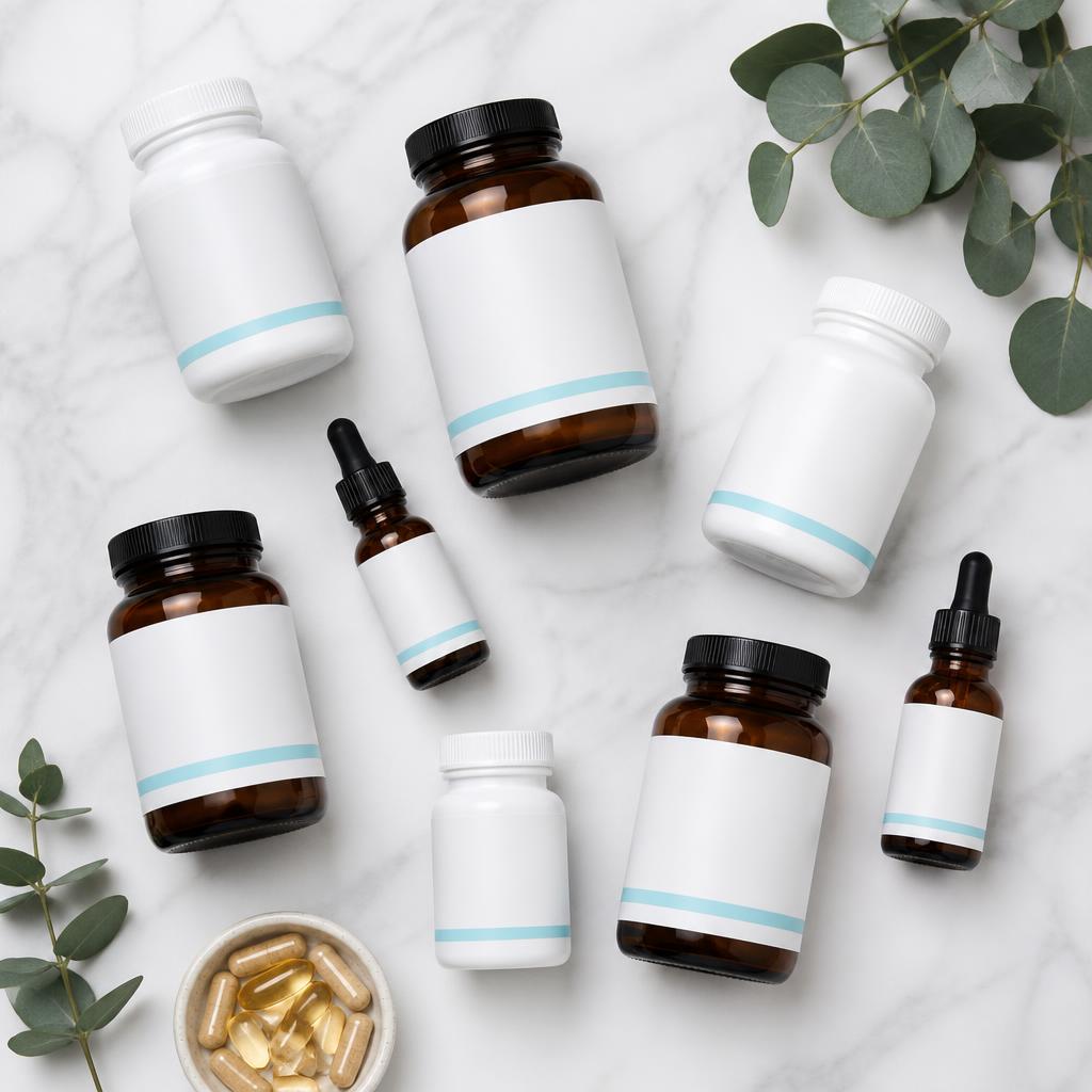 A neatly arranged curated supplement stack on a clean surface
