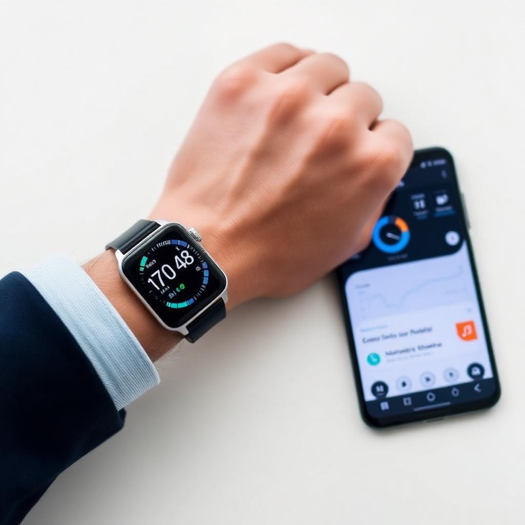 A smart watch and smartphone showing clean health metrics